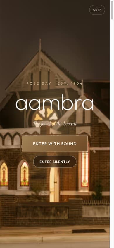 Aambra mobile hero — responsive stained-glass hero with reserve and enter-the-light