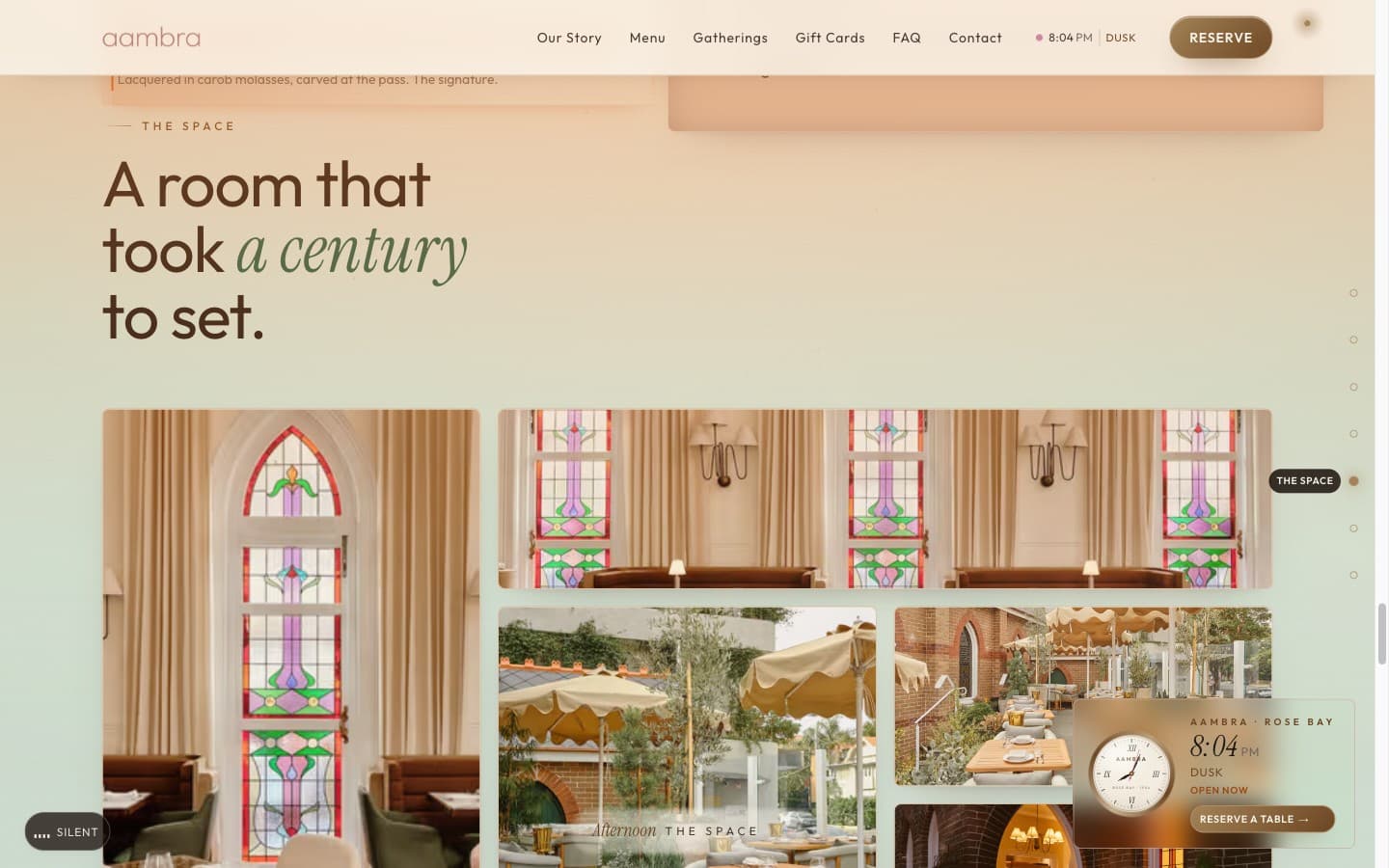 The Space chapter — 'a room that took a century to set', photo grid of the restored 1904 church interior, alfresco terrace and stained glass