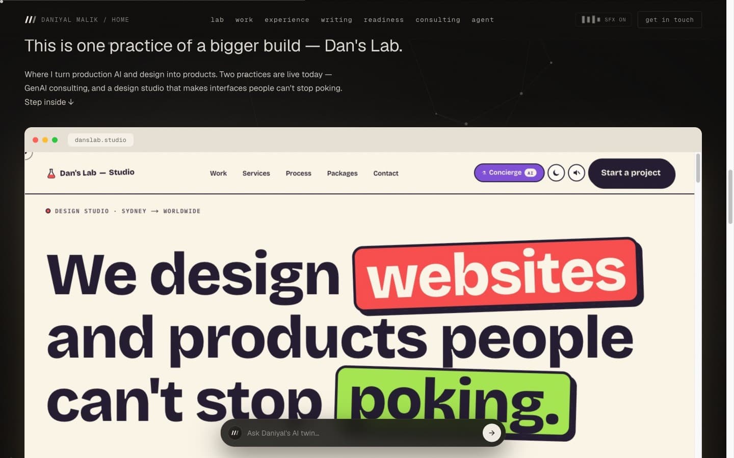 The Lab section — 'one practice of a bigger build', framing Dan's Lab studio within the founder's ecosystem