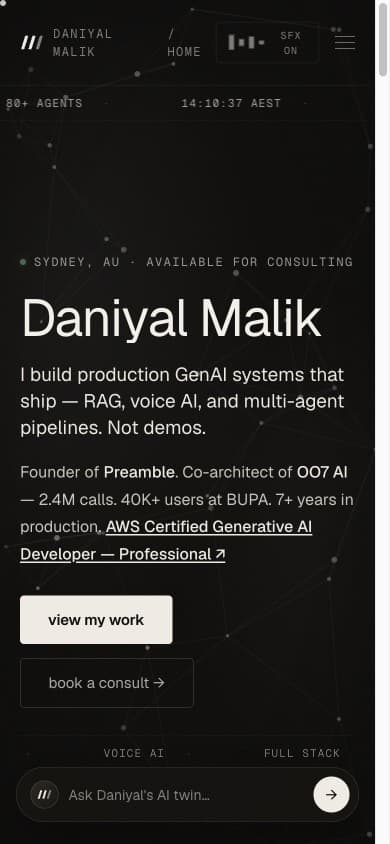 Daniyal Malik portfolio on mobile — responsive command-center with live telemetry and AI twin