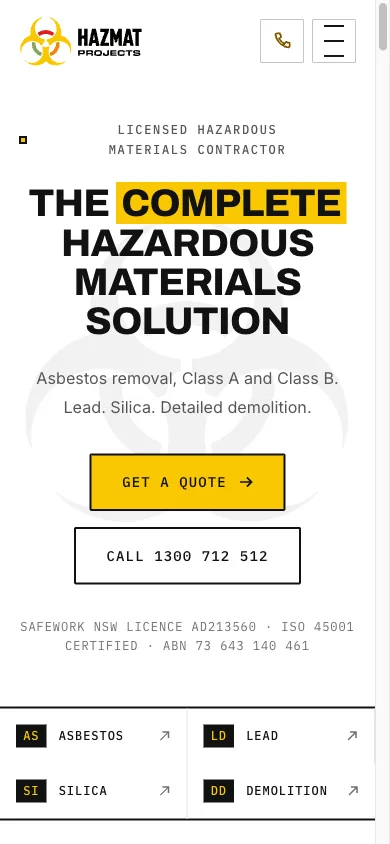 HAZMAT mobile hero — centred lockup with call-now conversion path