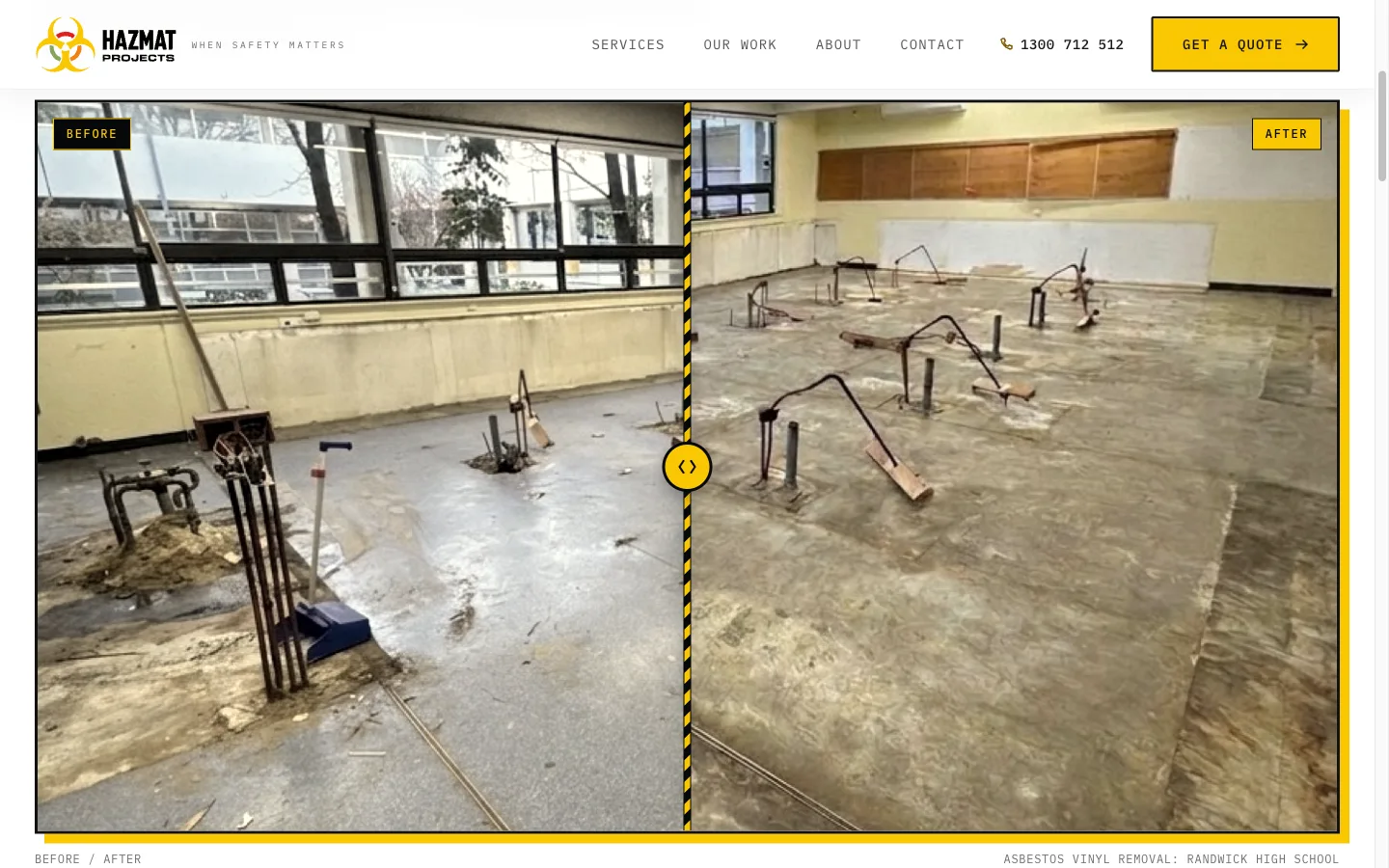 Before/after tape-line slider — Randwick High School classroom asbestos vinyl removal, dragged mid-frame