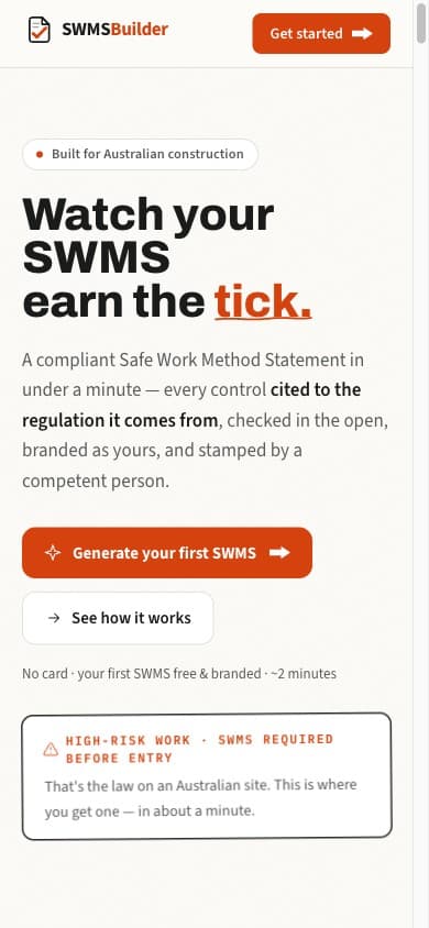 SWMSBuilder on mobile — the hero scaling cleanly with the orange tick and the 'SWMS required before entry' site notice