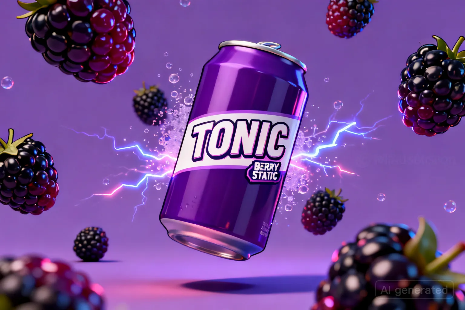 Concept render: violet Tonic can amid berries and electric sparks