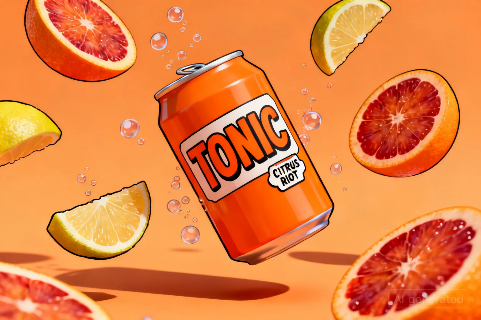 Concept render: tangerine Tonic can floating among blood-orange slices and fizz