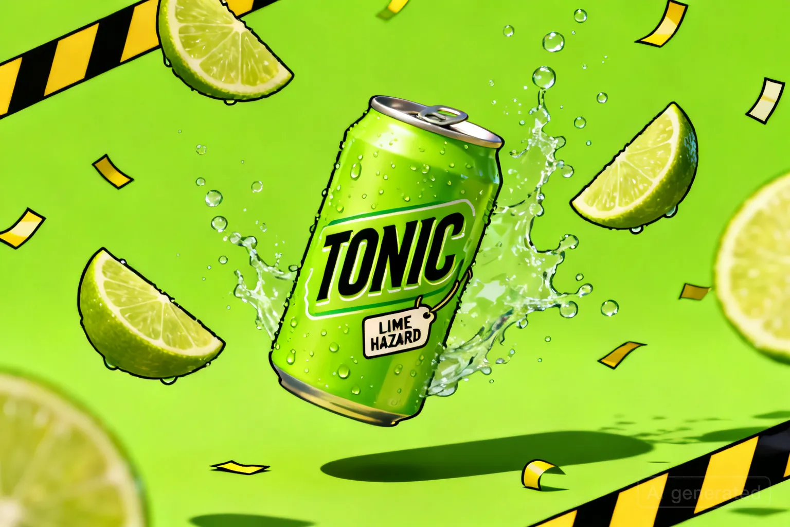 Concept render: lime Tonic can with caution-stripe confetti and soda splash