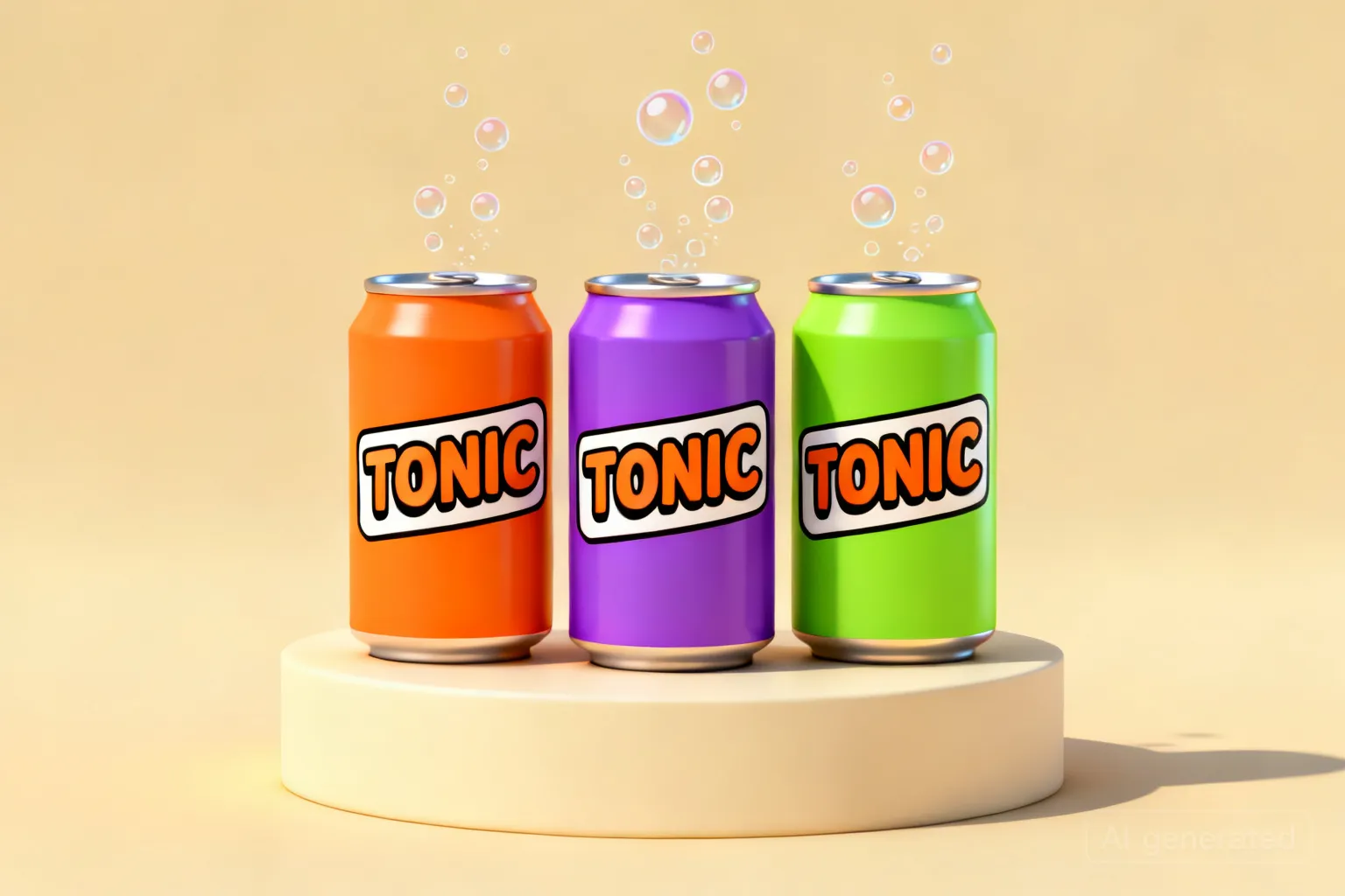 Concept render: all three Tonic flavour cans lined up on a cream pedestal